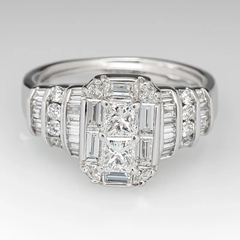 New Sparkling Quadrilateral Geometric Design Ring Light Luxury Personalized Fashion Style Engagement and Wedding Accessories