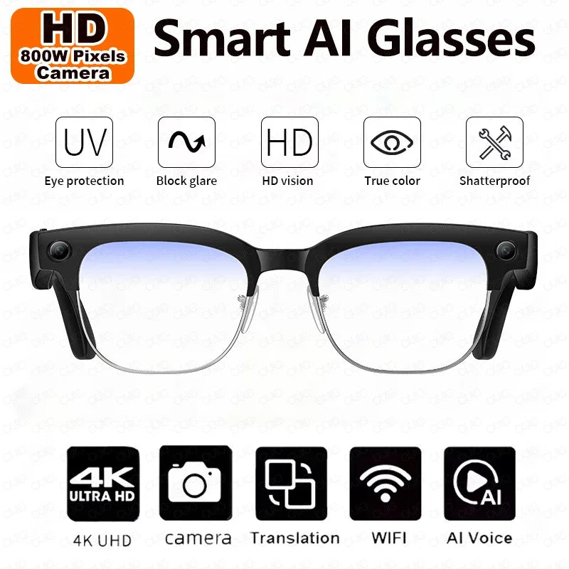 New Smart Translation Glasses 8MP HD Camera Take Photo 4K Video Record Photo Recognition WIFI Transmission BT Call Smart Glasses