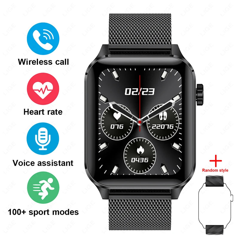 LIGE New 1.85inch HD Full Touch Screen Smart Watch Men Outdoor 100+ Sports Fitness Health Monitoring Smartwatch for Android iOS