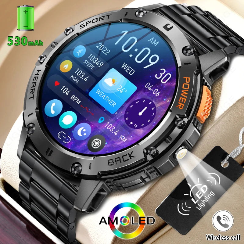 For Android ios New AMOLED Smart Watch Men with Flashlight Sports Waterproof Fitness Tracker Bluetooth Call Smartwatch Man+Box