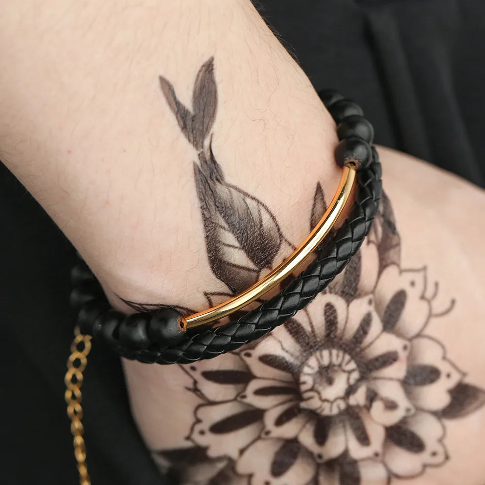 New Leather Woven Bracelet Men's Punk Handmade Black Frosted Bead Bracelet Bracelet 2 Set Bracelet