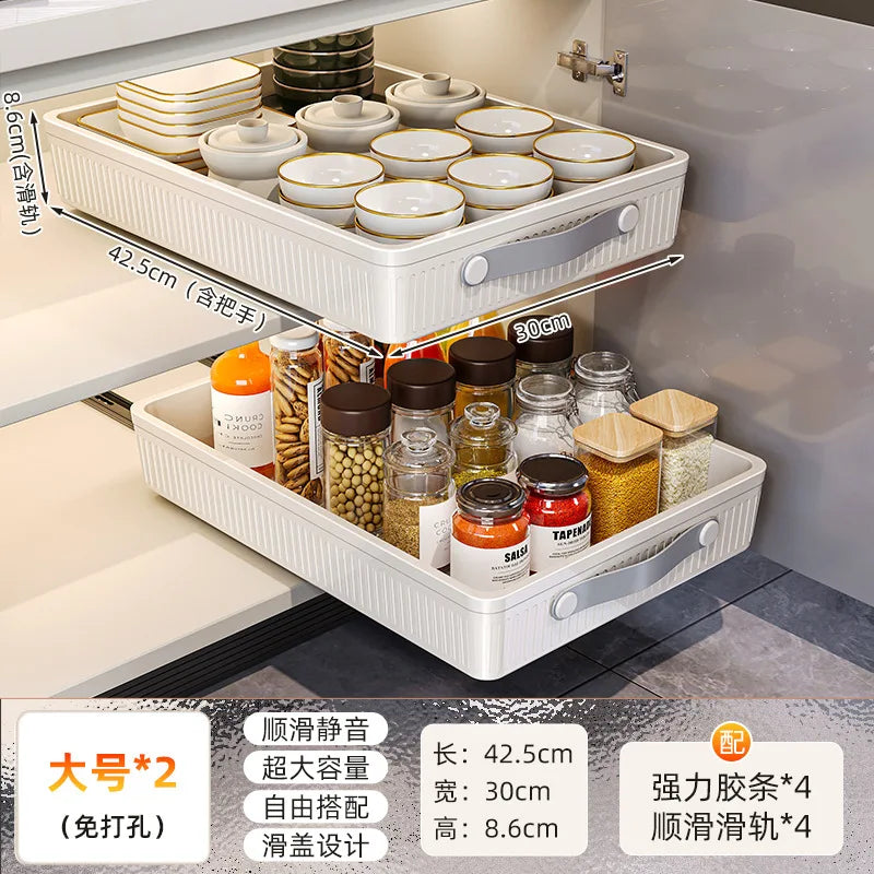 Kitchen Sliding Cabinet Shelf with Slide Rails Drawer Pull Out Storage Tray Spice Rack Bowl Dish Shelf Pantry Kitchen Organizer