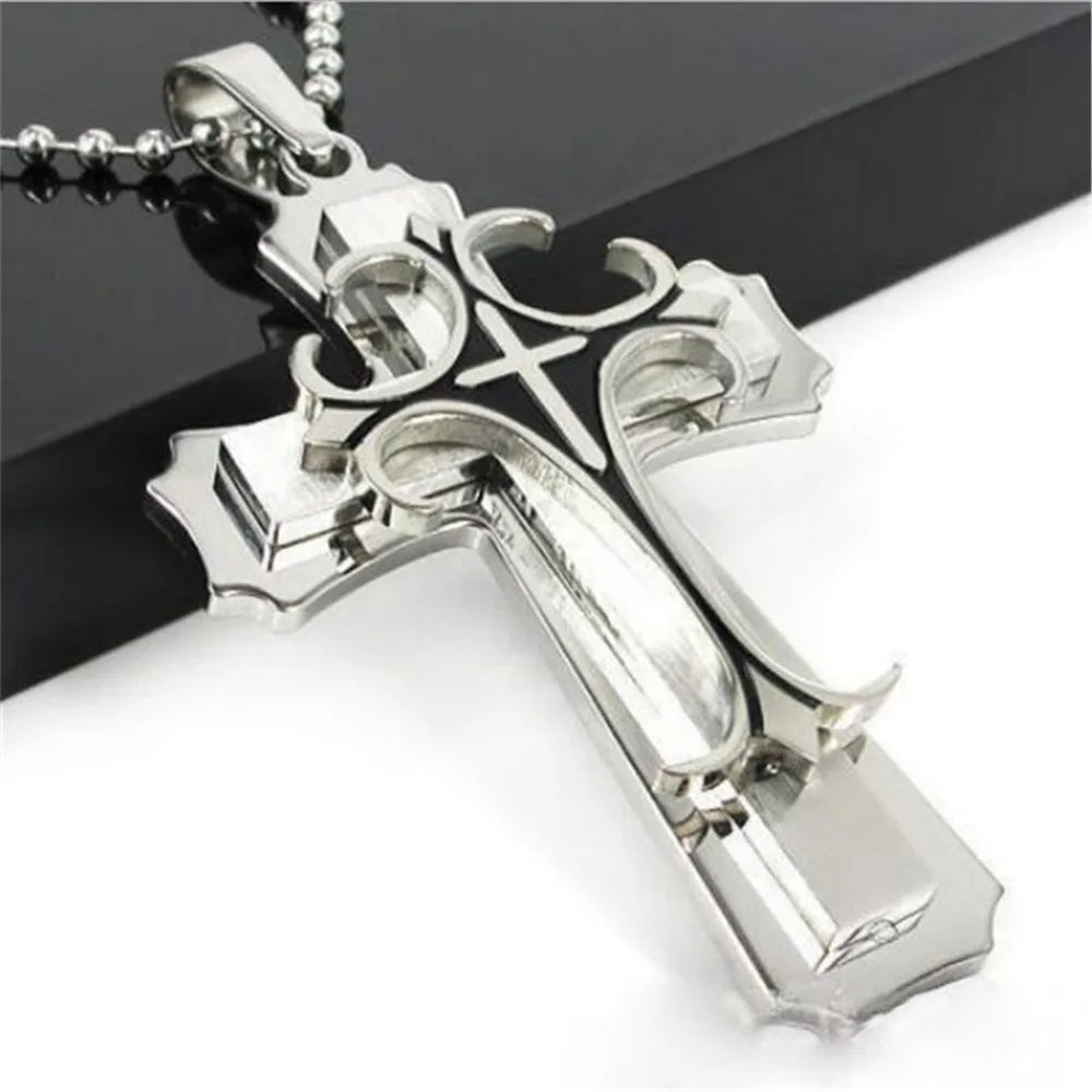 New Simple Overbearing Fashion Hip-hop Trend Punk Cross Necklace Three Layers of High-grade Boutique Men's Jewelry Accessories