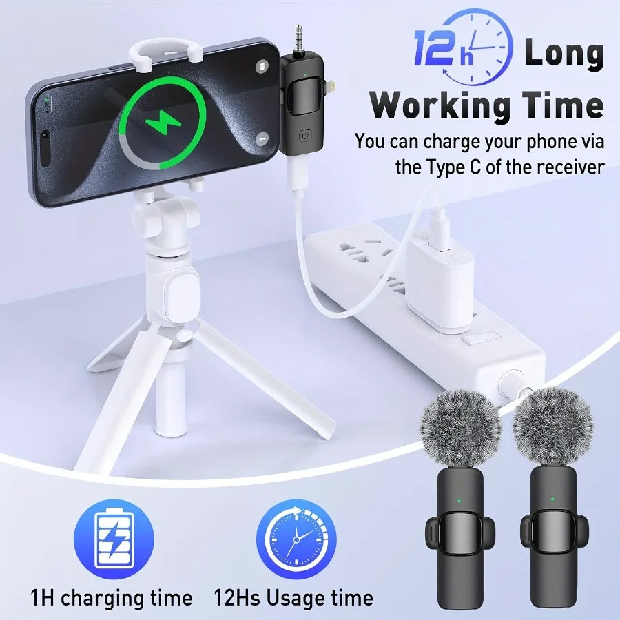 Wireless Microphone for iPhone Android Microphone Live Streaming Interviews mini Mic with Noise Reduction Audio Video Recording