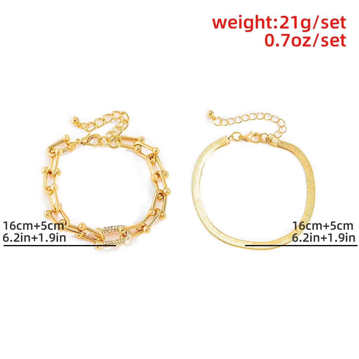 2Pcs/Set Fashion Statement Stylish Trendy Geometric Bracelet Gold U Chain Bracelet New Style Creative Bracelet