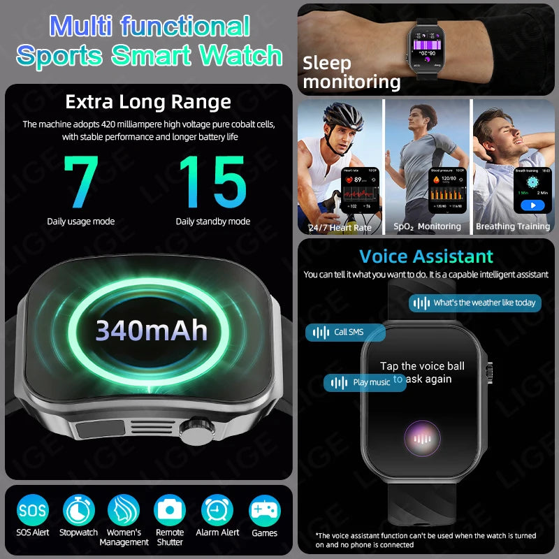 LIGE New 2.2 inch 3D curved Screen Smart Watch Men Bluetooth Call Flashlight 100+Sports Mode Man Watch Waterproof Men Smartwatch