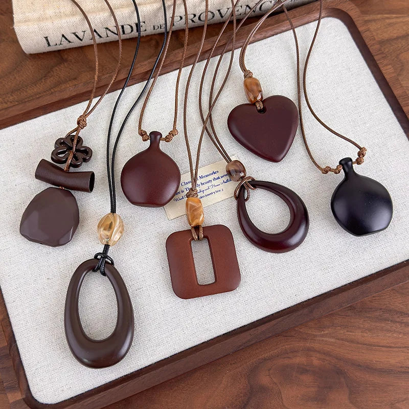 Fashion Women Necklace New Chinese Retro Long Hollow Wooden Pendant Unique Design Elegant Stylish Chain For Ladies