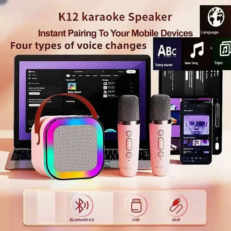 K12 Wireless Bluetooth Speaker with 2 Microphone RGB Portable Music Player Karaoke Machine for  Family Singing Children's Gifts