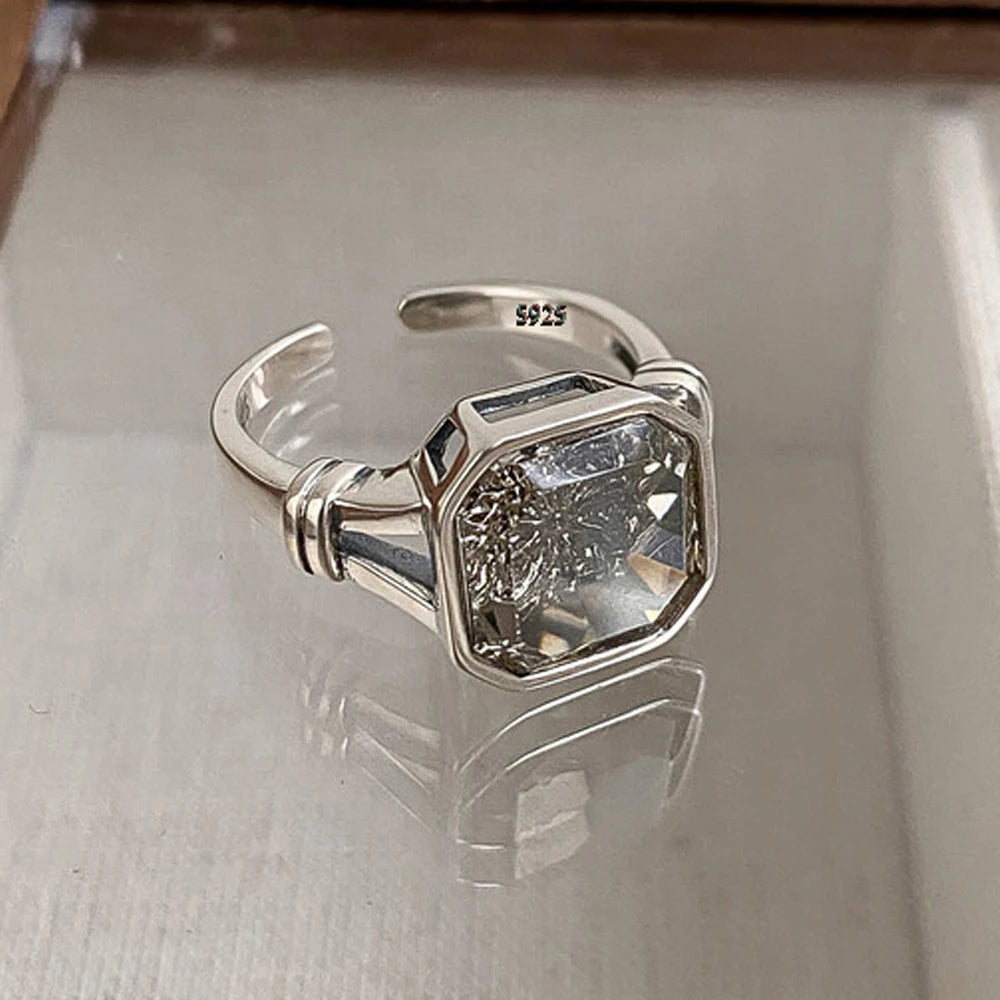 PANJBJ 925 Sterling Silver Geometry Crystal Ring For Women Ellipse Exaggerated Punk Water Drop Open Jewelry Gift Dropshipping