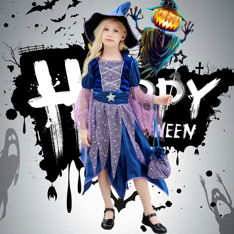 Halloween Party Costumes Witch Dress for Girls Kids Carnival Witch Costume Cosplay Dress Bag Hat Wand Suit