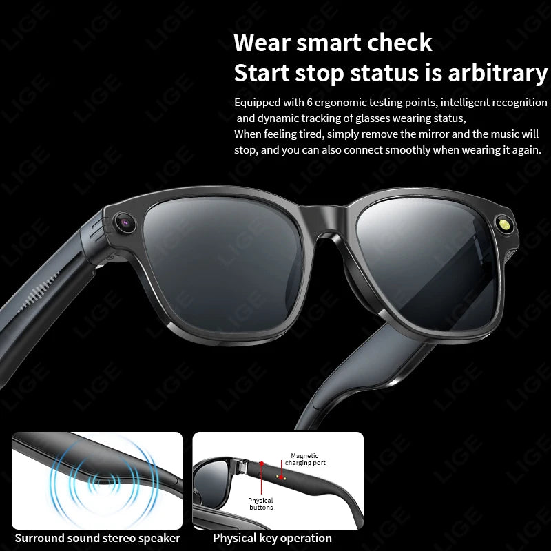 New Smart Glasses AI Translation Bluetooth Call 1200P HD Camera Music Headphones Outdoor Sports Fashion Sunglasses For Men Women
