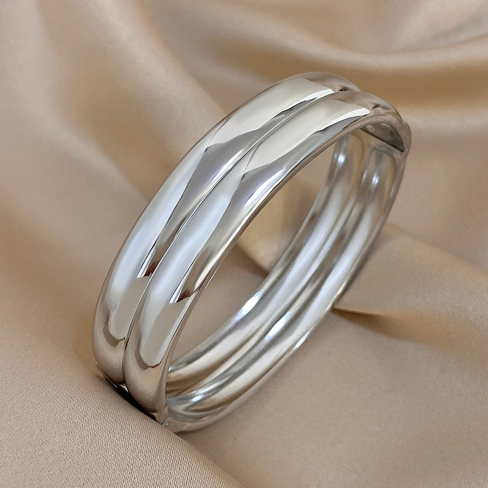 Glossy Gold Plated Stainless Steel Bangle Bracelets for Women Minimalist Doublelayer Circle Cuff Bracelet Waterproof Jewelry