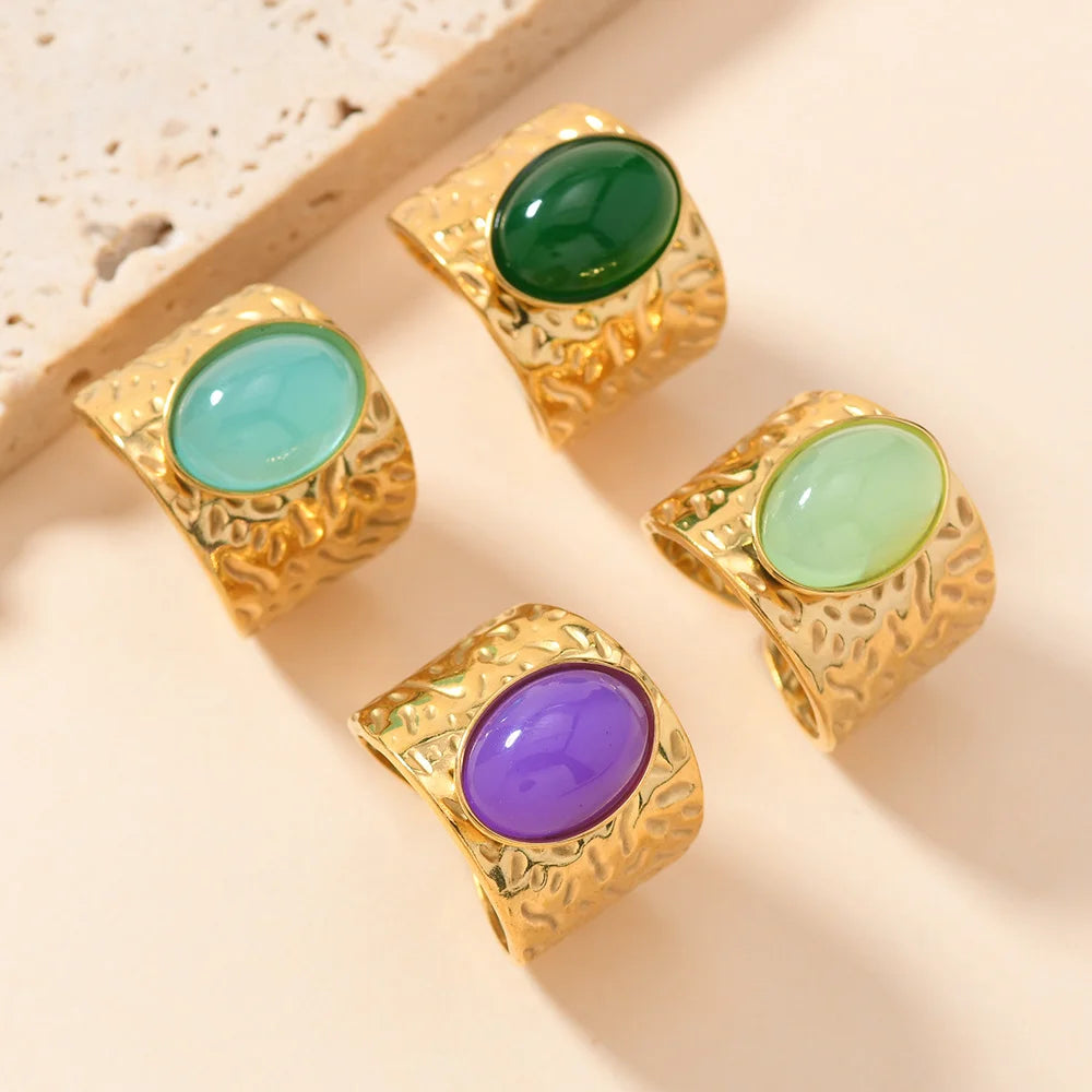 Fashion Stainless Steel Round Natural Stone Green Turquoise Malachite Geometric Ring Women Bohemian Vintage Jewelry