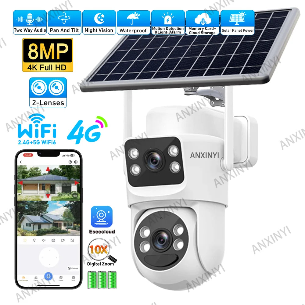 EseeCloud 8MP 4K 2.4G 5G WiFi6 Dual Lens Dual Screens Mini Wireless PTZ Security Camera 4G Sim Card Outdoor Solar Camera