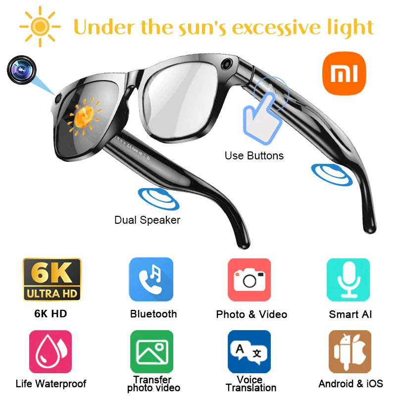 Xiaomi AI Smart Glasses 6K HD Photochromic Multifunction Bluetooth Calling Voice Assistant Music Player Translate Camera Glasses