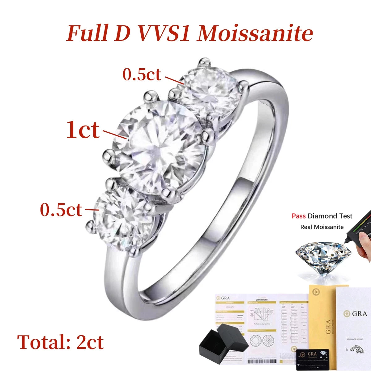 2/4CT GRA Certified Moissanite Rings 925 Sterling Silver Three Diamond Engagement Wedding Band For Women 18K Plated Fine Jewelry