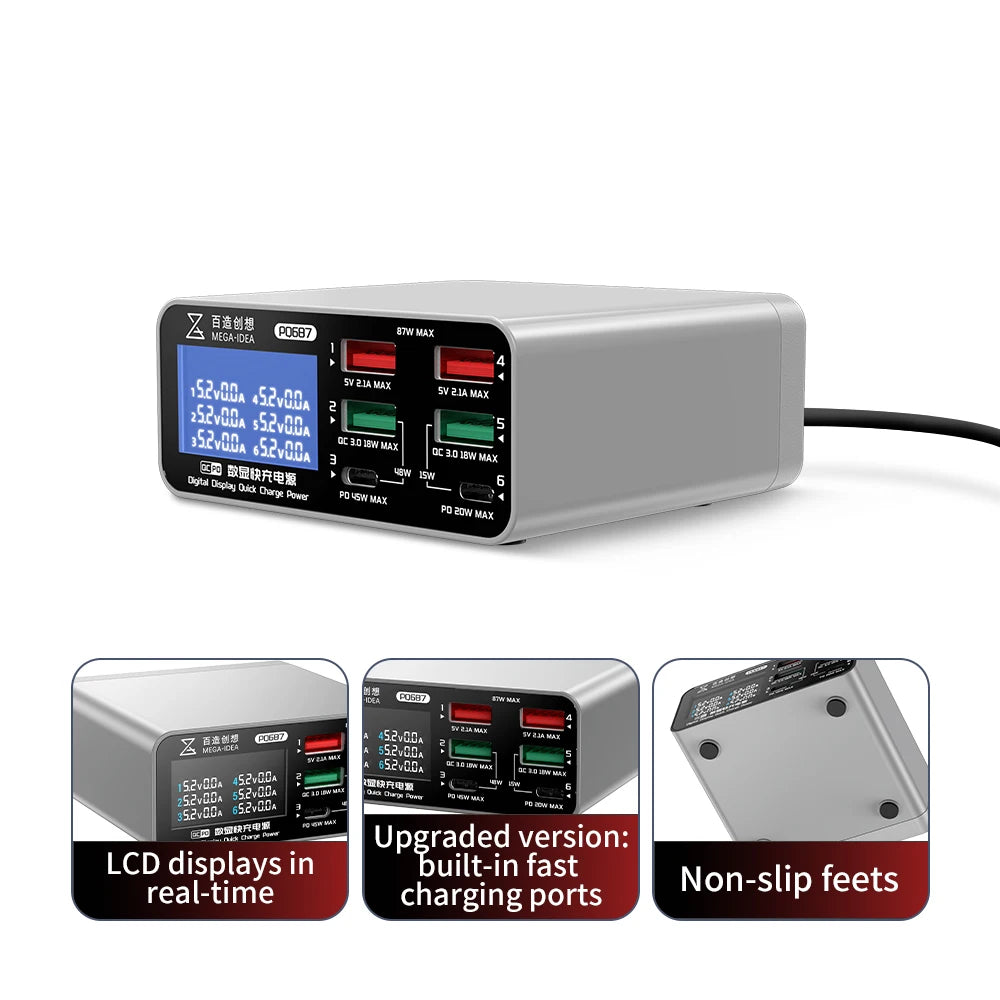 MEGA-IDEA Super Fast Charger PQW110 B640 PQ687 With QC3.0 PD USB Wireless Charging Port 110W 87W 40W For Mobile Phone Ipad