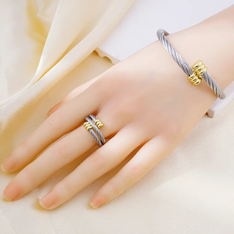 New Fashion Bangle Ring Set for Women Men Punk Stainless Steel Wrist Metal Bracelet No Fade Color Jewelry Accessories Gifts