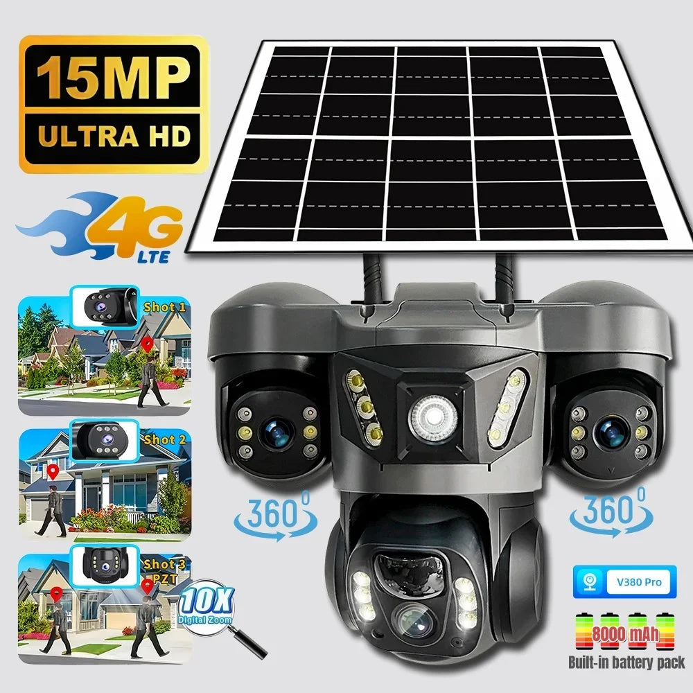 15MP Triple Lens PTZ 10X Zoom Solar Camera Outdoor Triple Screen 4G SIM Secure 360° Auto Tracking Smart Home Wireless CCTV Cam