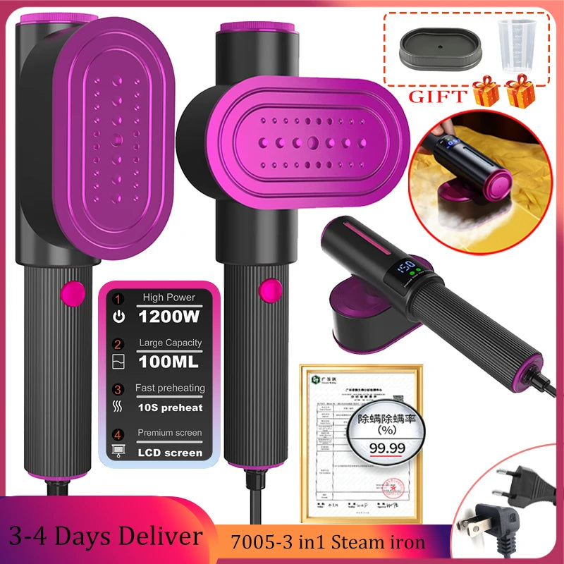 3 In 1 Clothes Ironer 1200W Rotation Head Steam Iron LED Temperature Monitor Handhold Travel Home Fabric Steam Ironing Machine