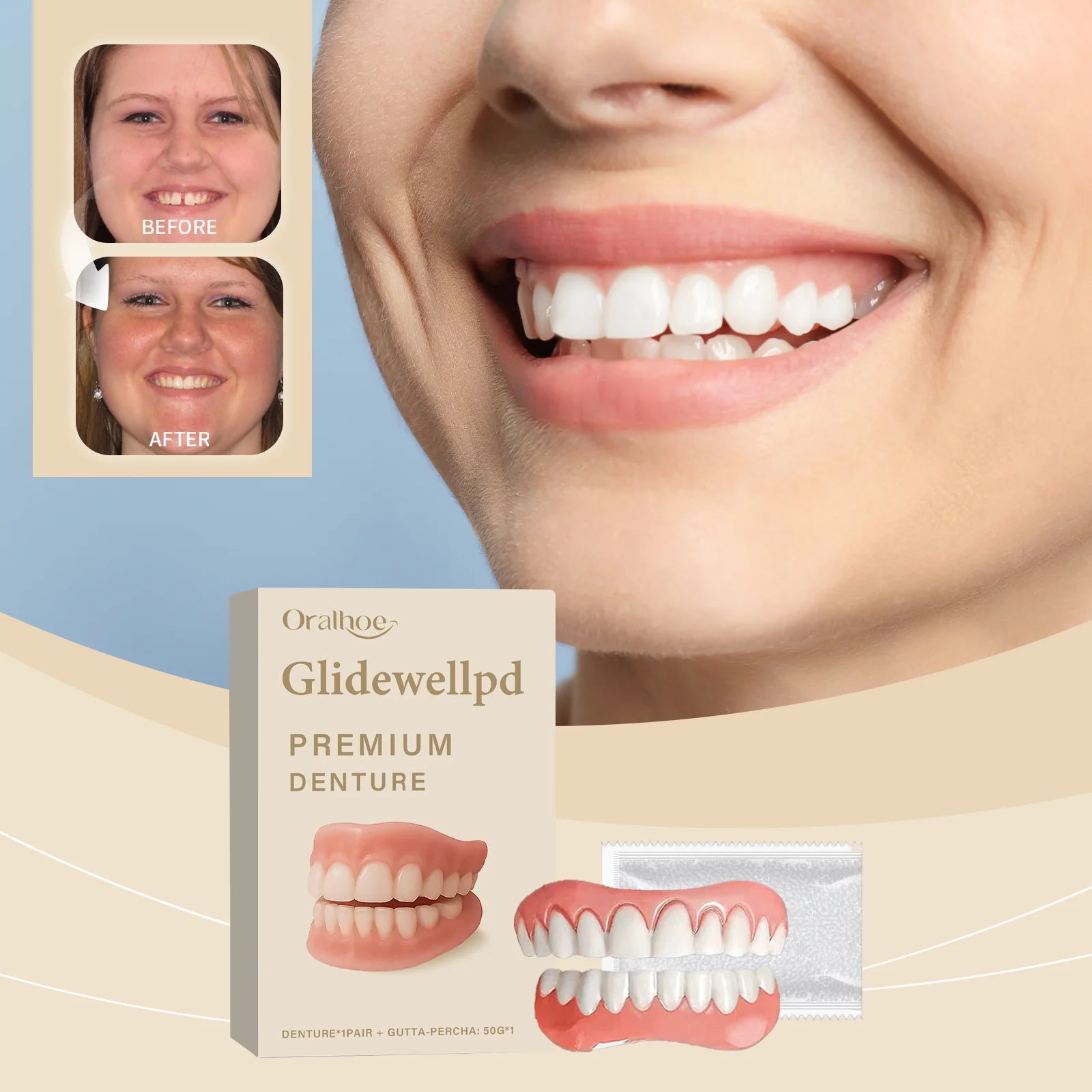 Soft Silicone Dentures Natural False Teeth Full Set Perfect Fit Gums Cover Missing Broken Tooth Upper and Lower Dental Veneers