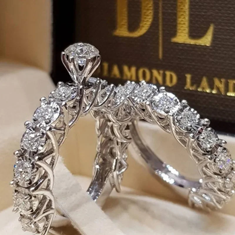 2PCS/Set Milangirl Trendy Crystal Ring Set Wedding Rings Women Geometric Luxury White Bridal Rings Jewelry Ladies Party