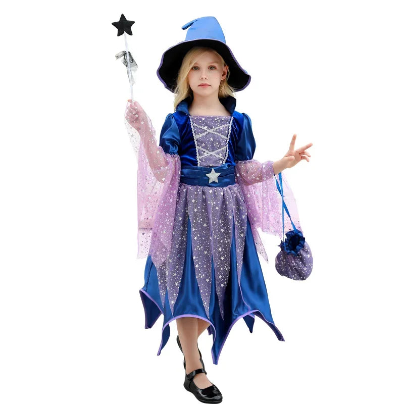 Halloween Party Costumes Witch Dress for Girls Kids Carnival Witch Costume Cosplay Dress Bag Hat Wand Suit