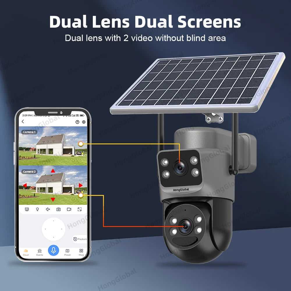 HongGlobal 8MP Wireless Solar Powered Surveillance Camera Eseecloud Dual Lens 4K Home Security 5G WiFi/4G Outdoor Solar CCTV Cam