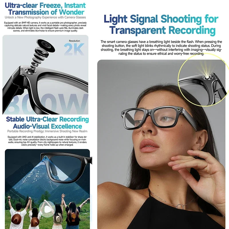 2025 Smart Glasses Men 8MP Camera WiFi Bluetooth Touch Control IP65 Waterproof AI Translation Noise Cancelling AI Glasses Women