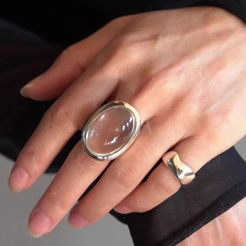 925 Sterling Silver Rings For Women Vintage Handmade Adjustable Retro Big Stone Ring Fashion Band Female Bijoux Gift