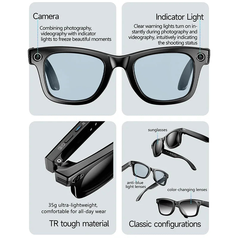 2025 Smart Glasses Men 8MP Camera WiFi Bluetooth Touch Control IP65 Waterproof AI Translation Noise Cancelling AI Glasses Women