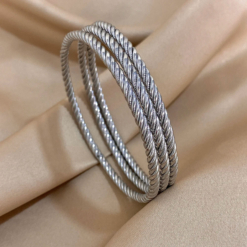 3pcs 18K Gold Plated Stainless Steel Bangle Bracelet for Women Trendy Chic Twisted Stacked Wrist Bracelets Waterproof Jewelry