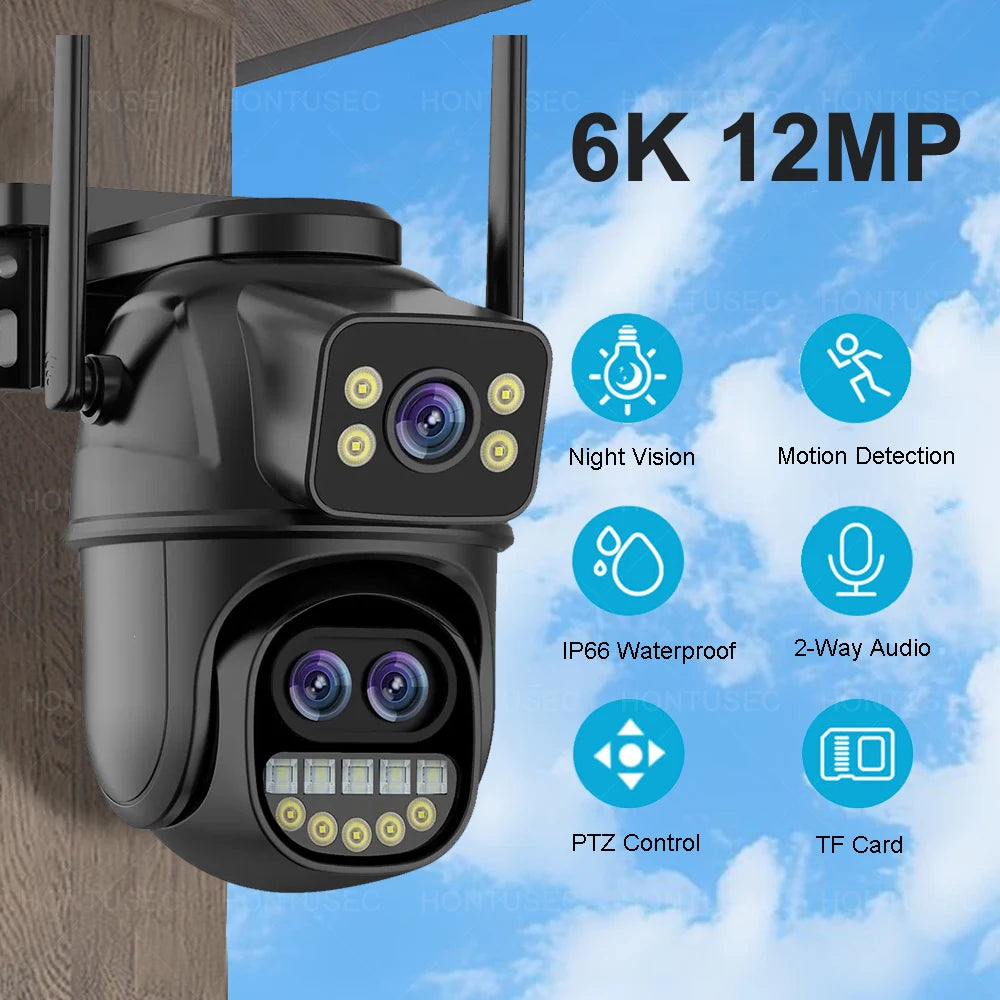 6K 12MP ICSEE Wifi Security Camera 3 Lens Dual Screen 8X Zoom Outdoor Waterproof Color Night Vision IP66 Surveillance Camera