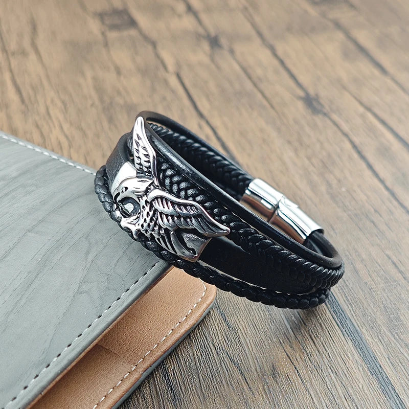 New Fashion Men Bracelet Hand Homme Eagle Bracelets Woven Hand Jewelry For Stainless Steel Magnet Clasp Leather Bangles Gift