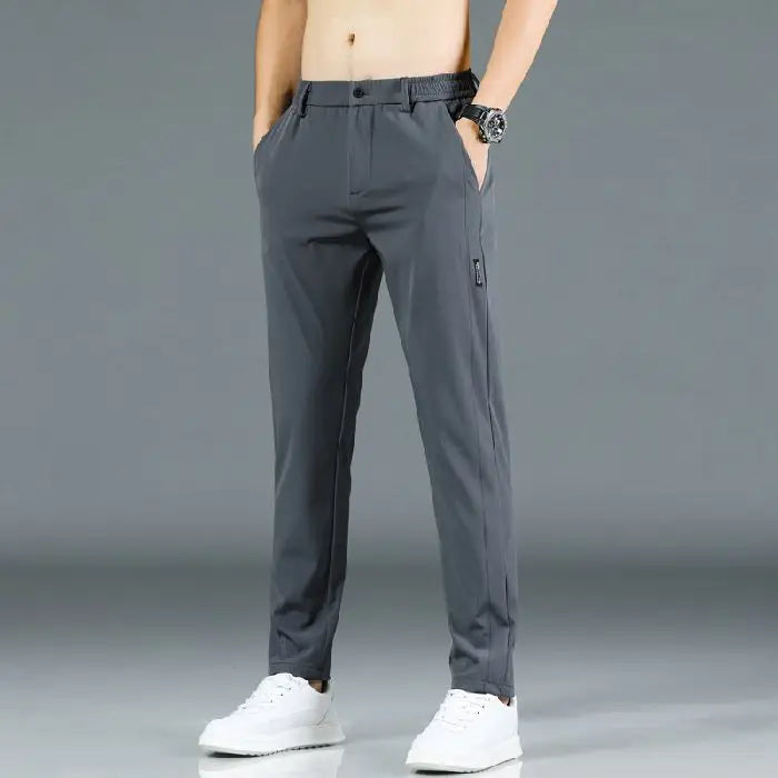 2025 New Summer Ultra-thin Men's Casual Pants Breathable Soft Ice Silk Elastic Straight Business Trousers Black Gray