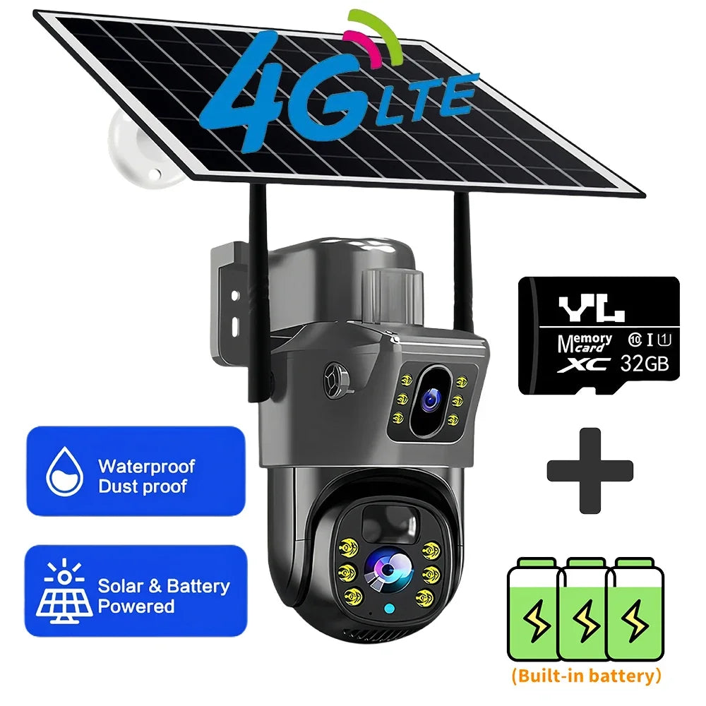 2025 Outdoor 4K 8MP Wireless Solar Camera 4G Sim Dual Lens Wifi IP PIR HD Night Vision Camera V380Pro PTZ Security CCTV Monitor