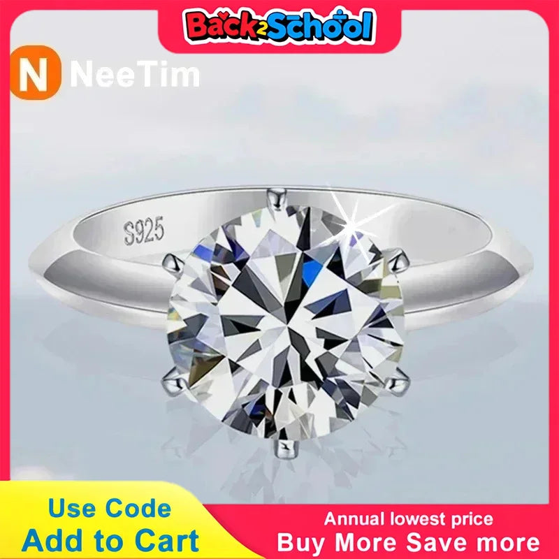 NeeTim 0.5-5ct Moissanite Ring For Women 925 Sterling Silver with White Gold Plated Lab Diamond Engagement Wedding Band Jewelry