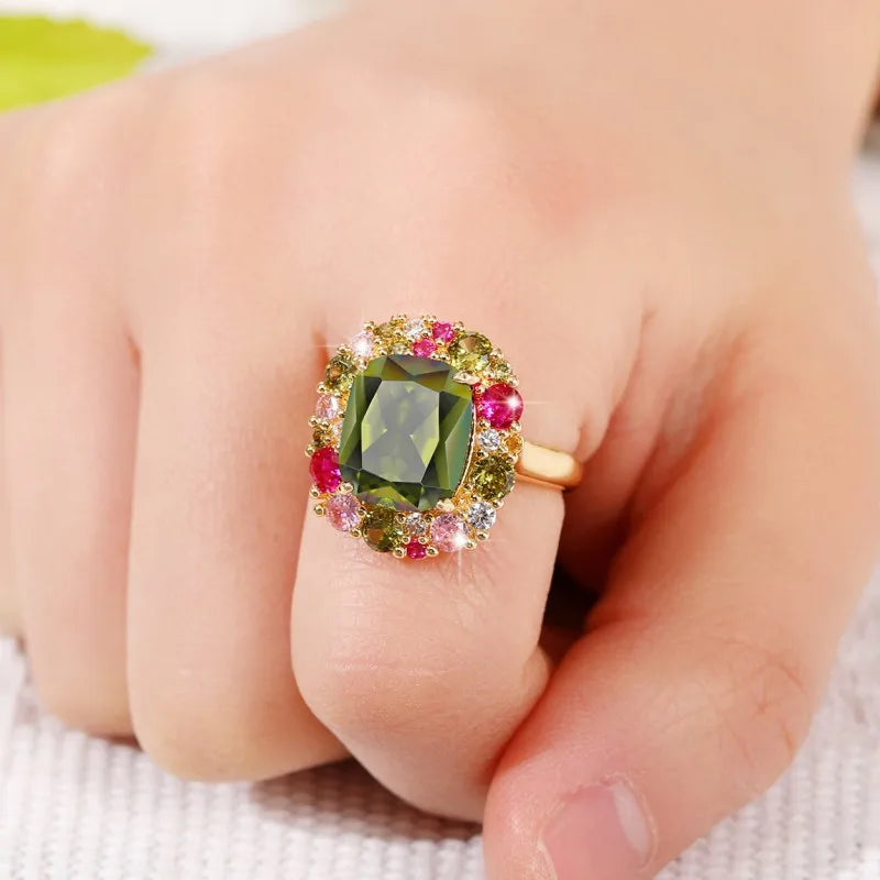 Huitan Newly Colorful Green Cubic Zirconia Rings for Women Special-interested Wedding Party Gorgeous Accessories Female Jewelry