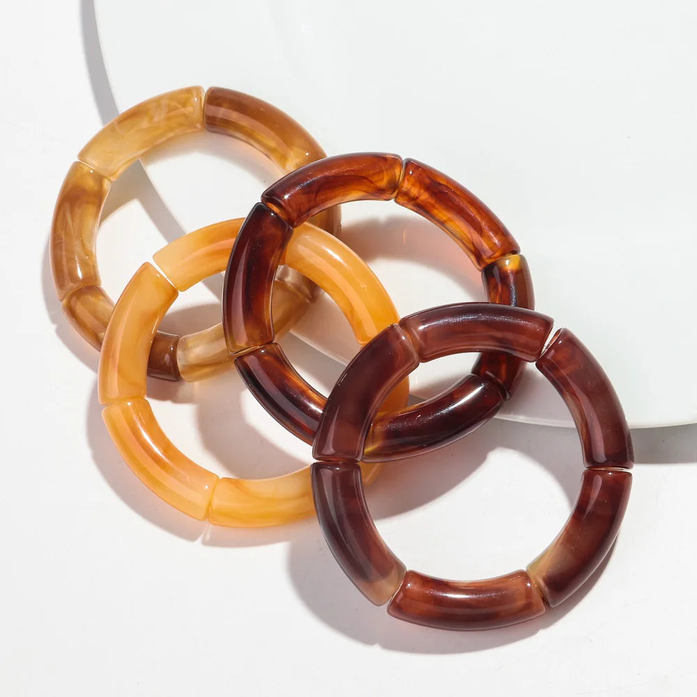 Fashion Acrylic 4PCS/Set Resin Amber Bamboo Bead Elastic Bracelet Bangles Tube Beads Handmake 2024 Trendy Designer Bracelet Set