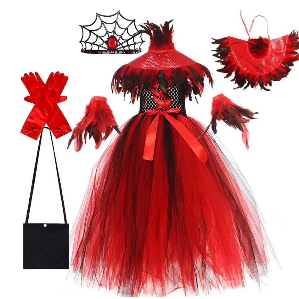 Halloween Vampire Costume for Girls Devil Witch Gothic Puffy Mesh Clothes Demon Vampires Queen Cosplay Carnival Party Dress