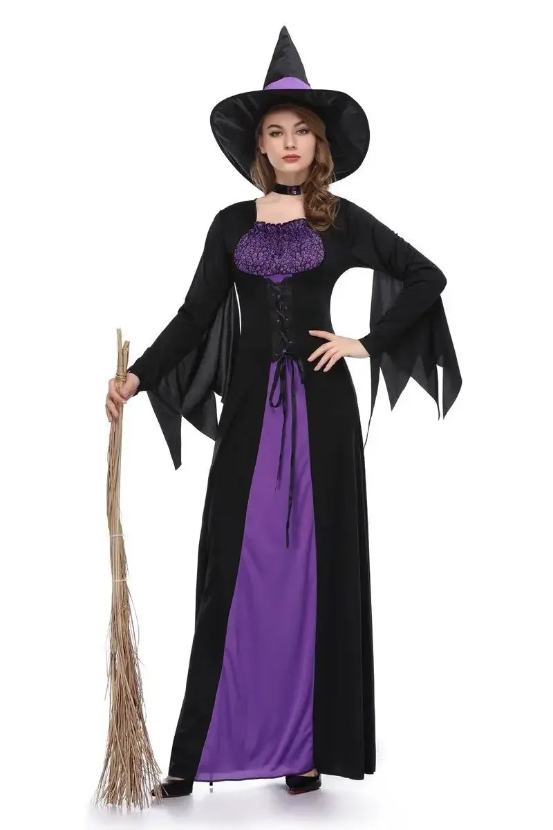 Halloween Gothic Witch Cosplay Costumes Women Sexy Witch Dress With Hat Carnival Party Performese Clothes