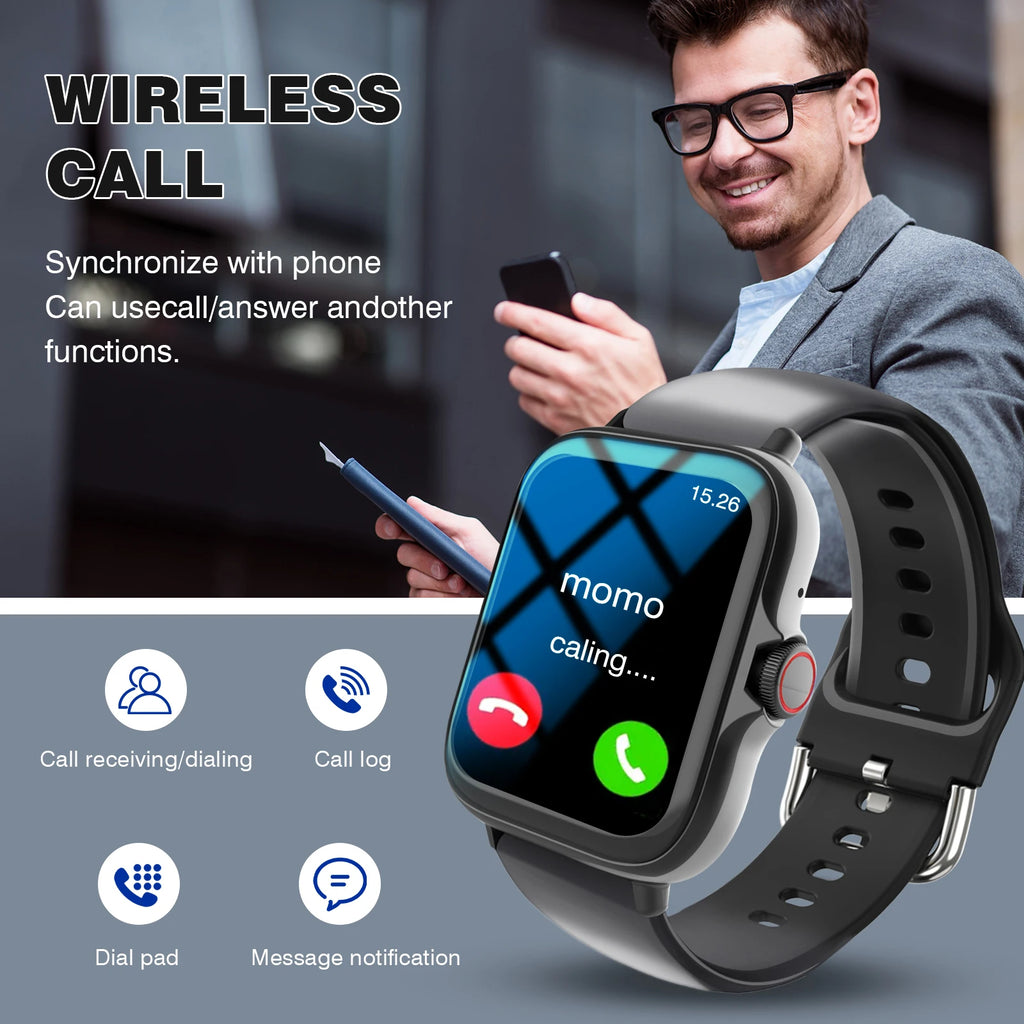 Smart Watch with 1.68-Inch HD Display – Wireless Calling/Dialing, Alarm/Message Notifications, Fitness Tracking, Music Control.