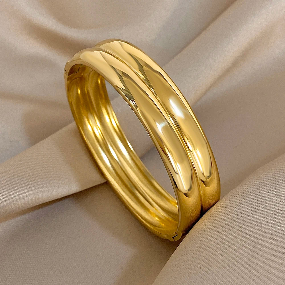 Glossy Gold Plated Stainless Steel Bangle Bracelets for Women Minimalist Doublelayer Circle Cuff Bracelet Waterproof Jewelry