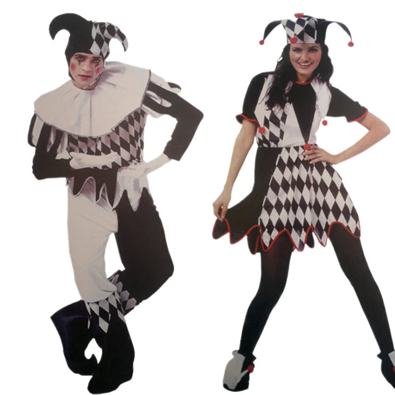 Halloween Carnival Costumes Funny Fun Cosplay Black and White Splicing Clown Costume with Hat for Man Women Innovative Set