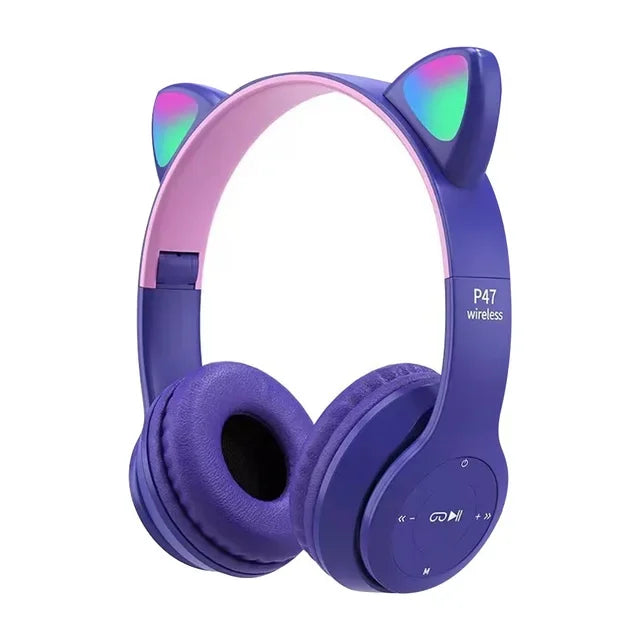 Children Girls Cute Cat Ear Bluetooth Compatible Headset with LED Wireless Headset  Stereo Folding Sports Headset with Microphon