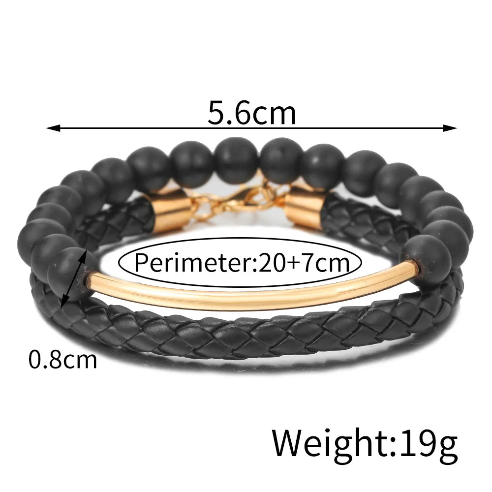 New Leather Woven Bracelet Men's Punk Handmade Black Frosted Bead Bracelet Bracelet 2 Set Bracelet