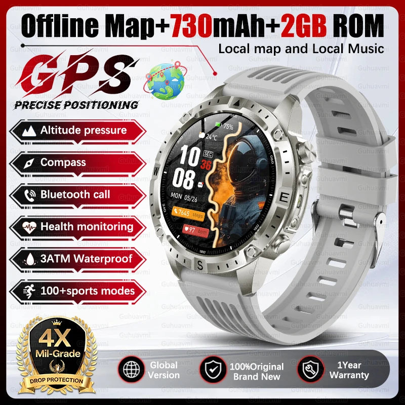 Dual-Band GPS Smart Watch Men Tactical Military Grade 1.43" AMOLED Offline Map 100+Sports 3ATM Waterproof 730mAh Battery Watches