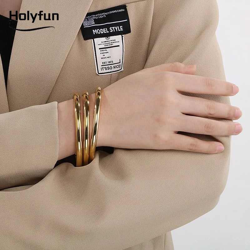 Holyfun Waterproof Stainless Steel Cuff Bracelet Bangles for Women Smooth Metal Openable Bracelets Jewelry Gift