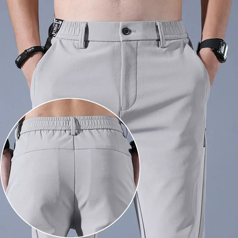 2025 New Summer Ultra-thin Men's Casual Pants Breathable Soft Ice Silk Elastic Straight Business Trousers Black Gray