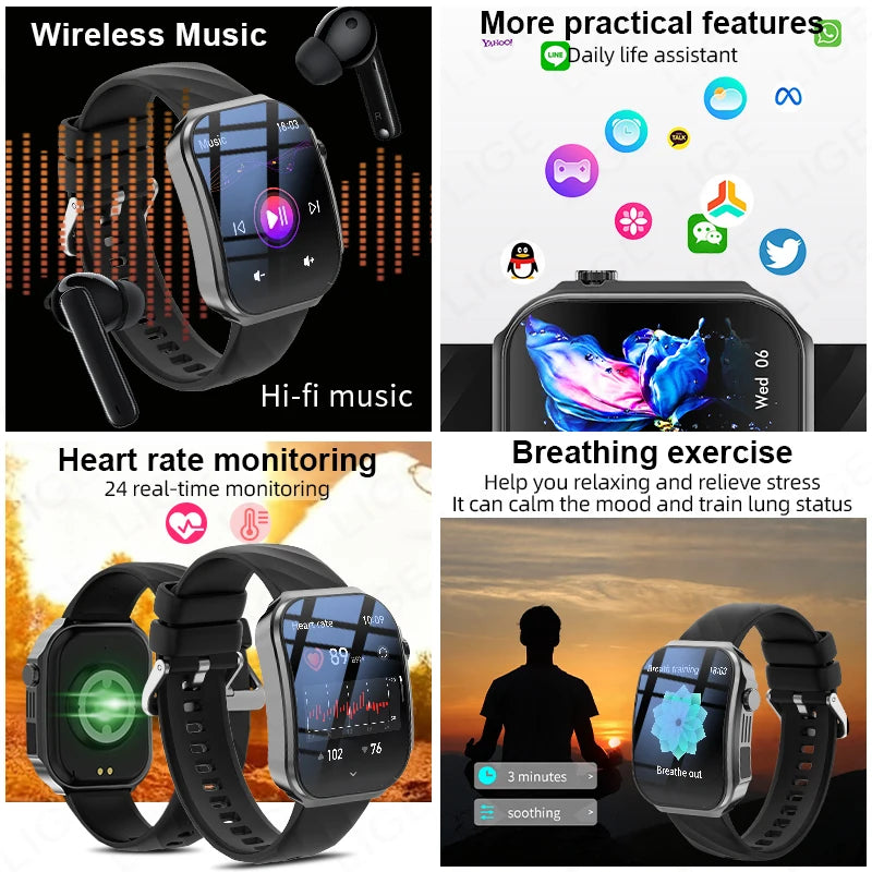 LIGE New 2.2 inch 3D curved Screen Smart Watch Men Bluetooth Call Flashlight 100+Sports Mode Man Watch Waterproof Men Smartwatch